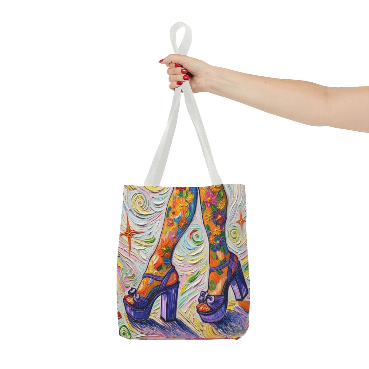 Tote Bag - All-Over Print - Flowered Legs with Purple Platform Shoes - Colorful Artistic Painterly Style - 'Saturday Sparkle'