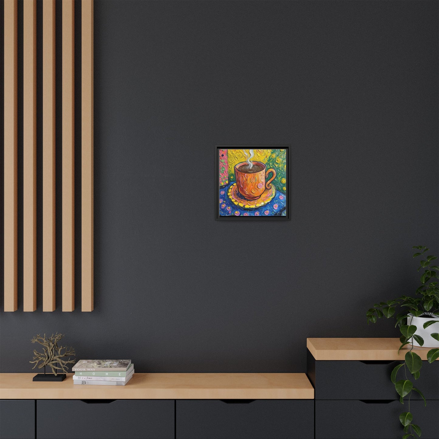 Framed Matte Canvas Art - Colorful Whimsical Coffee Cup Painting