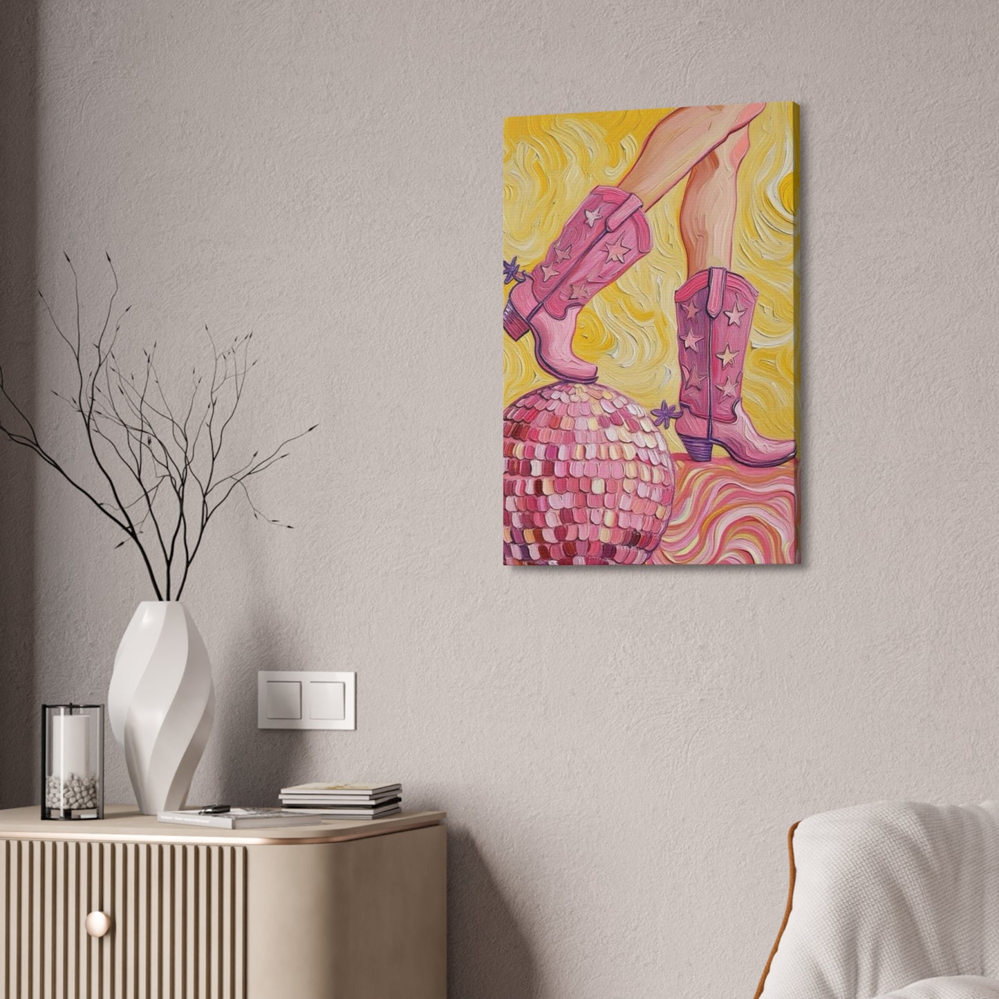 Canvas Wall Art - Pink Cowboy Boots - Disco Ball - Artistic Painterly Style - Impasto Design Print - 'Disco Cowgirl'