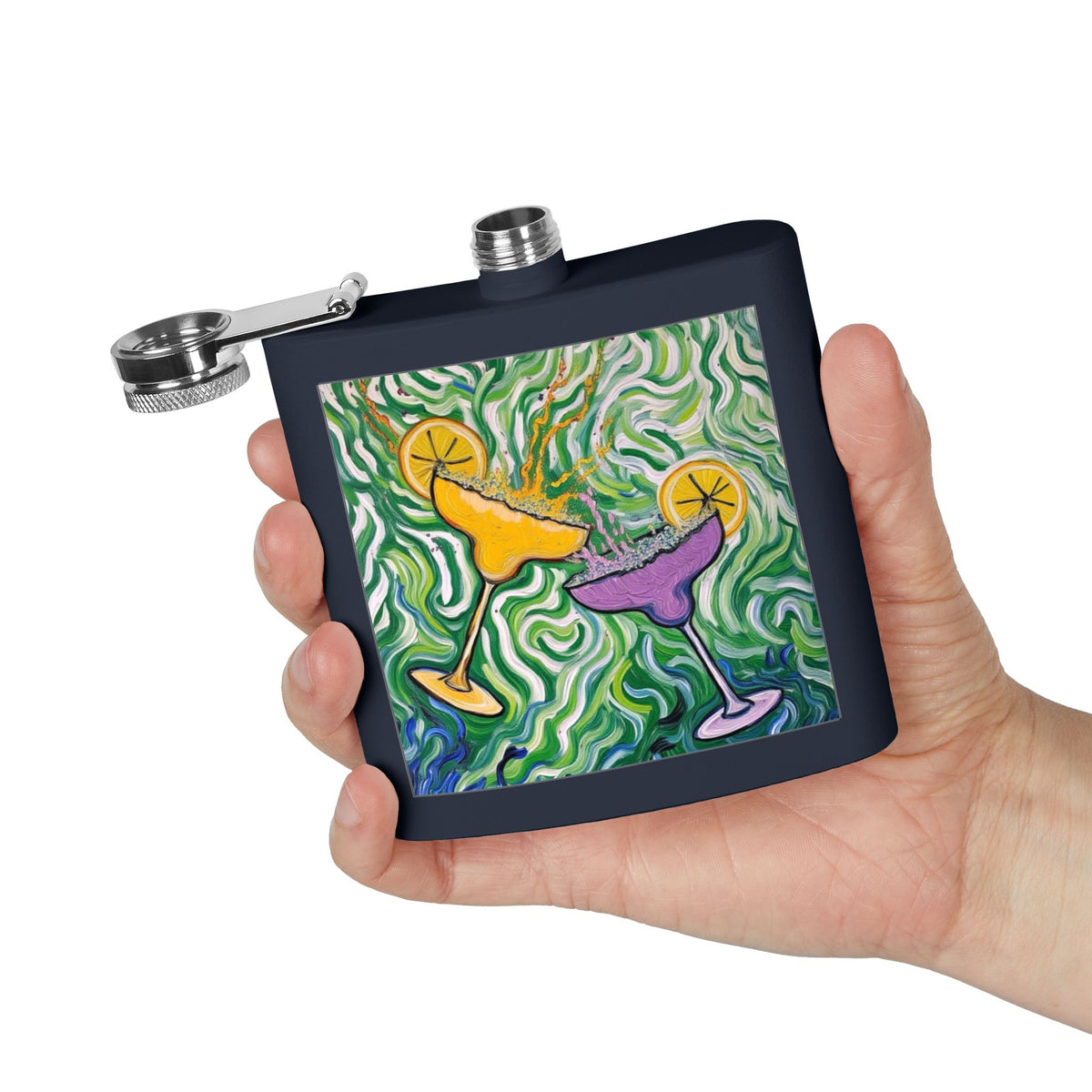 Flask - Stainless Steel 6oz - Colorful Cocktail Splash - Whimsical Artwork - 'Cheers to the Good Life'