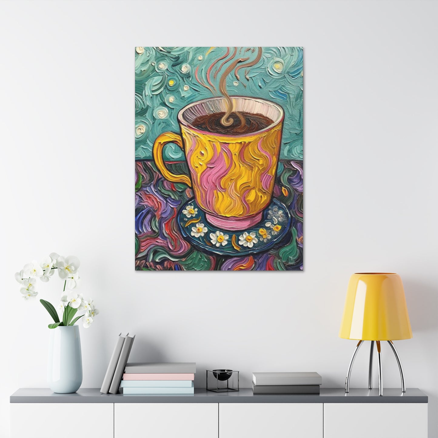 Coffee Cup Canvas Wall Art – Colorful Textured Painting of Steaming Mug