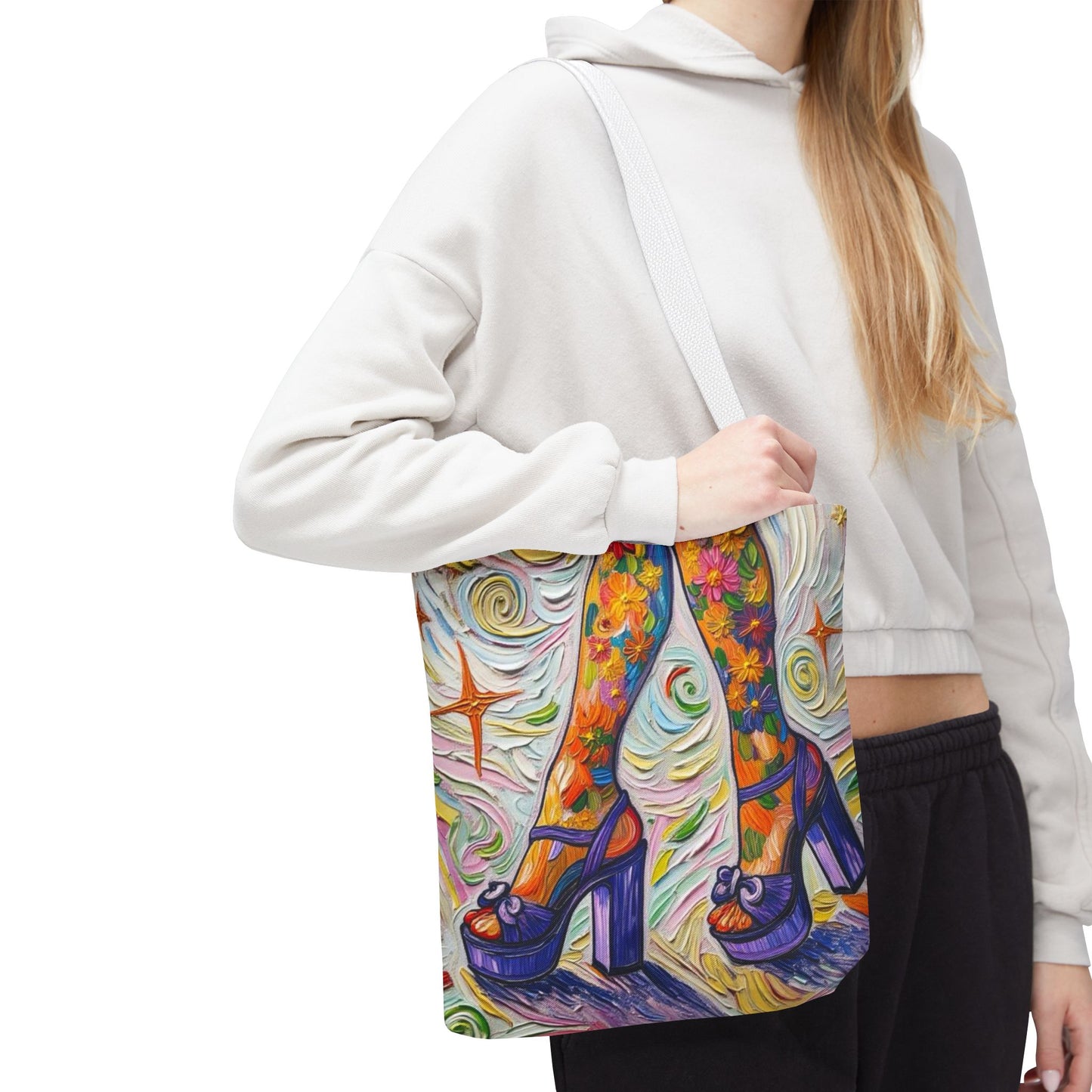Tote Bag - All-Over Print - Flowered Legs with Purple Platform Shoes - Colorful Artistic Painterly Style - 'Saturday Sparkle'