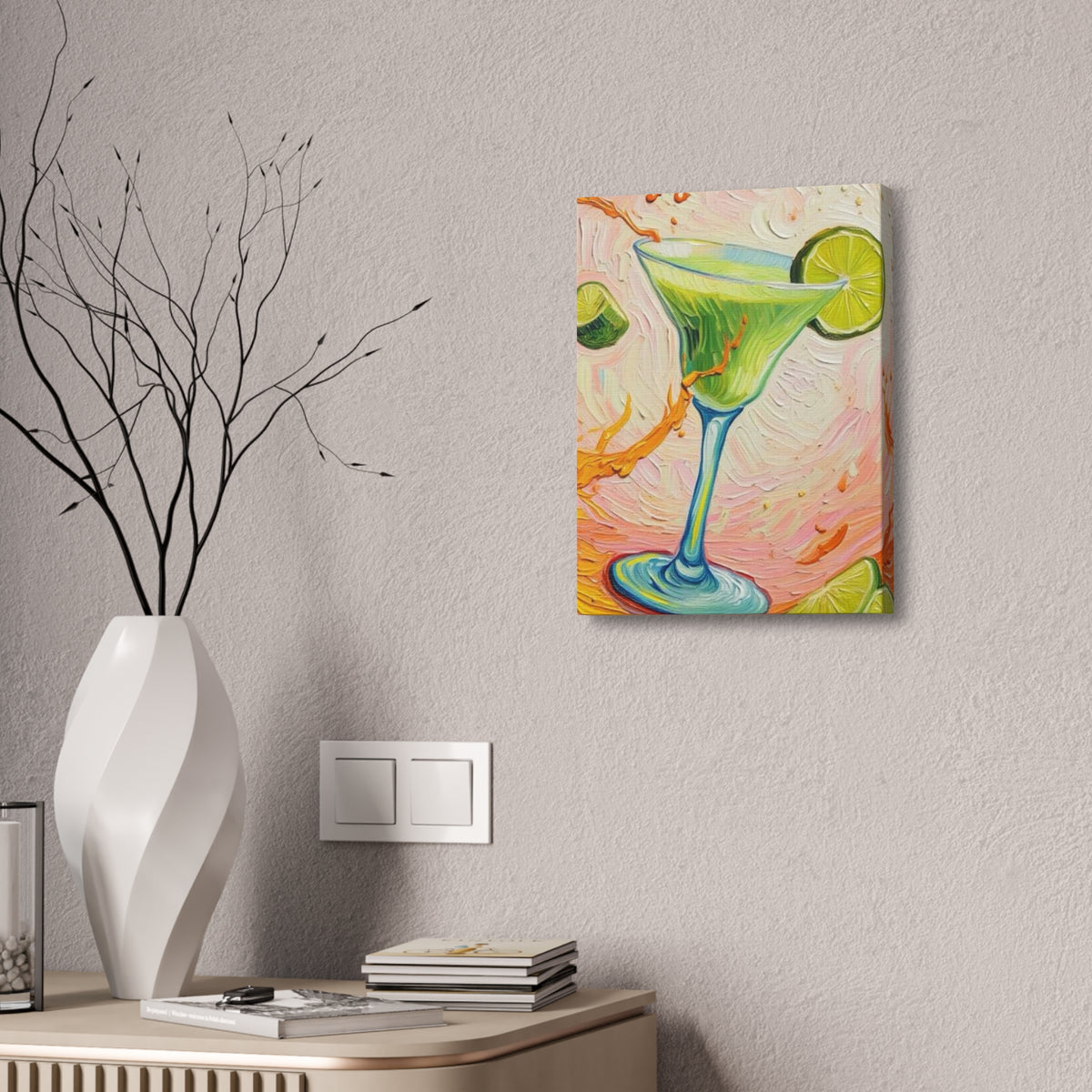 Canvas Wall Art - Green Refreshing Citrus Drink -Splashes of Orange - Artistic Painterly Style - Impasto Design Print - 'Citrus Splash'