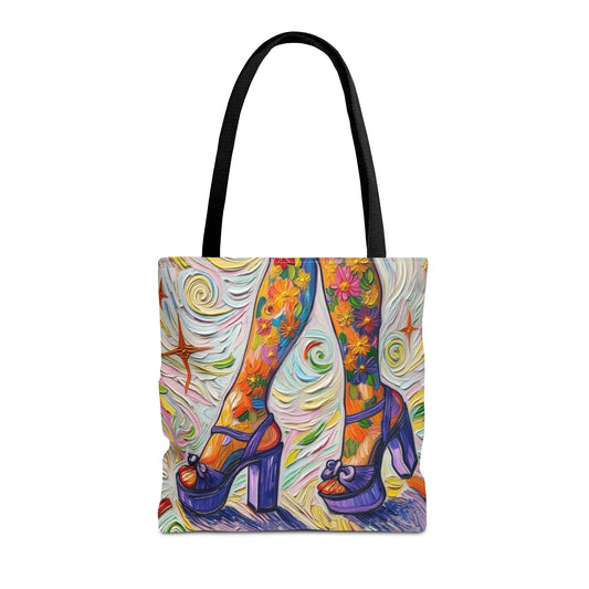 Tote Bag - All-Over Print - Flowered Legs with Purple Platform Shoes - Colorful Artistic Painterly Style - 'Saturday Sparkle'