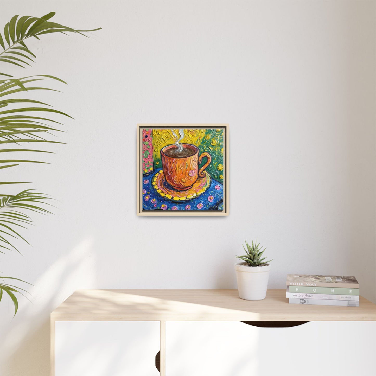 Framed Matte Canvas Art - Colorful Whimsical Coffee Cup Painting
