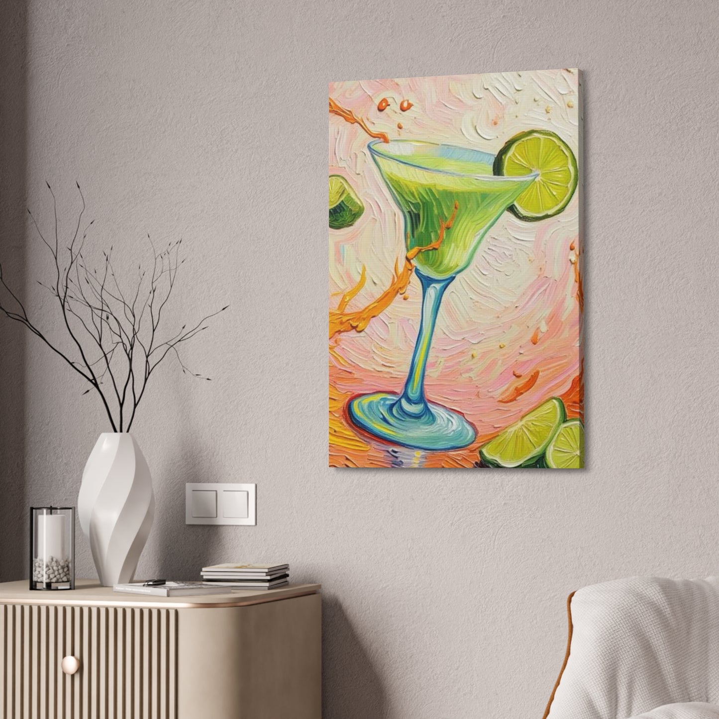 Canvas Wall Art - Green Refreshing Citrus Drink -Splashes of Orange - Artistic Painterly Style - Impasto Design Print - 'Citrus Splash'