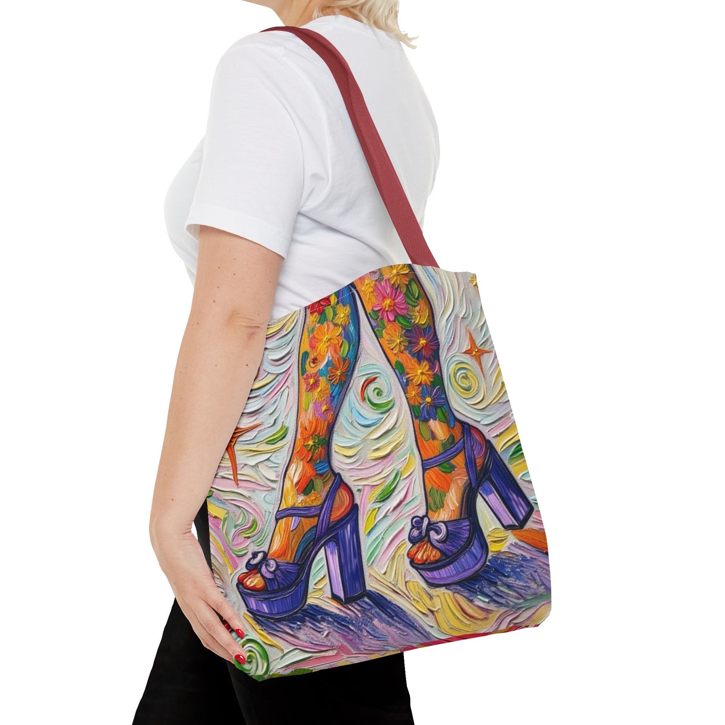 Tote Bag - All-Over Print - Flowered Legs with Purple Platform Shoes - Colorful Artistic Painterly Style - 'Saturday Sparkle'