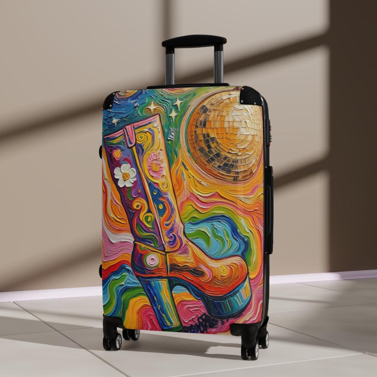Luggage - Suitcases - Carry-on - Psychedelic Disco Platform Boot - Painterly Style Artistic Rolling Suitcase - 'Golden Groove''