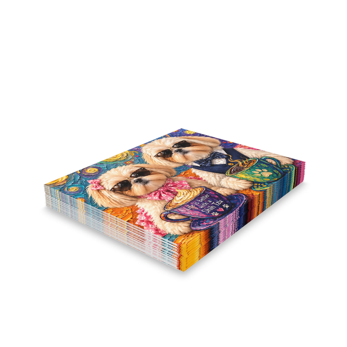 Greeting Card - Colorful Shih Tzu Tea Party (Blank Note Cards, 8/16/24 Pack)