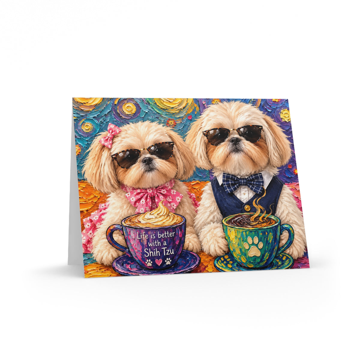 Greeting Card - Colorful Shih Tzu Tea Party (Blank Note Cards, 8/16/24 Pack)