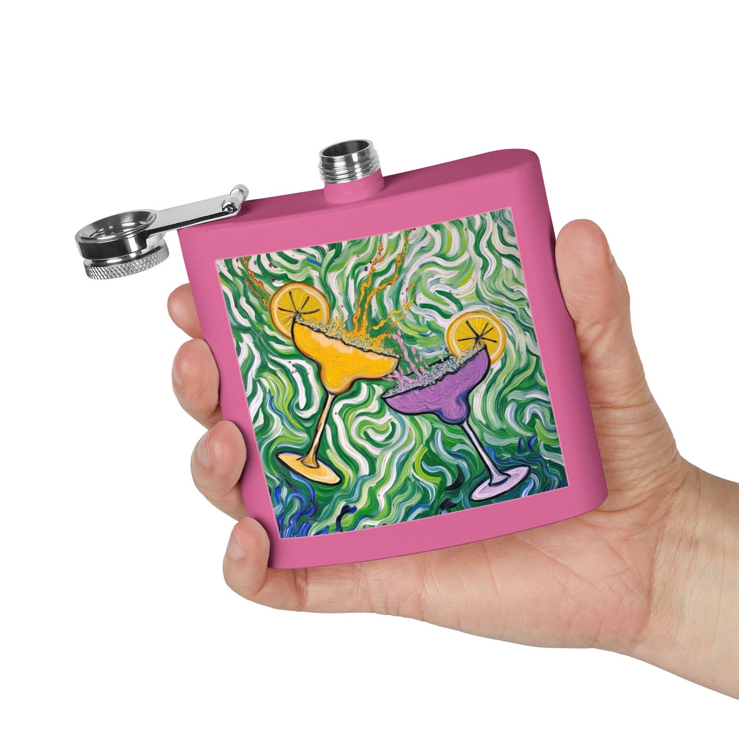 Flask - Stainless Steel 6oz - Colorful Cocktail Splash - Whimsical Artwork - 'Cheers to the Good Life'