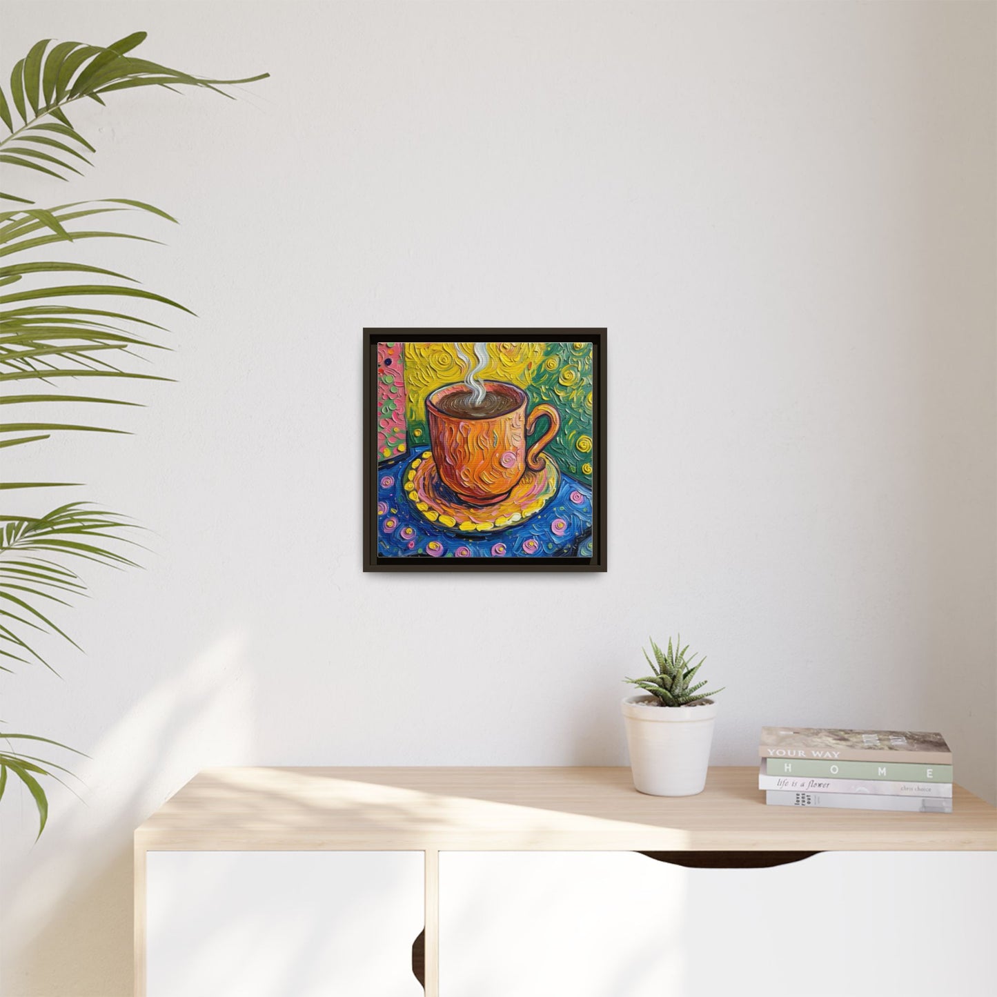 Framed Matte Canvas Art - Colorful Whimsical Coffee Cup Painting