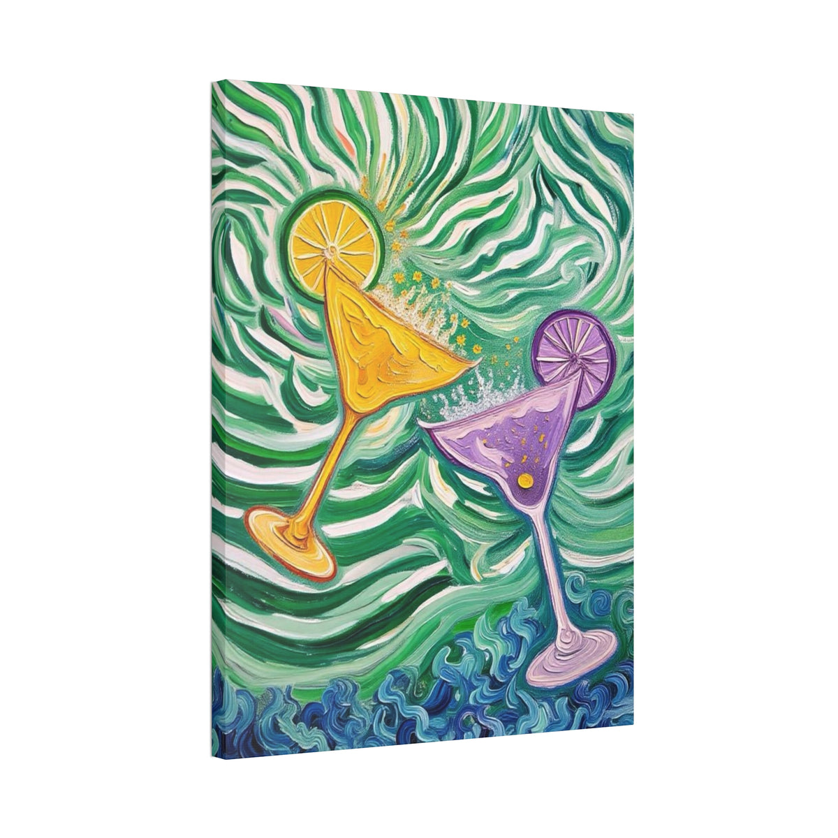 Canvas Wall Art - Yellow and Purple floating Cocktails - Artistic Painterly Style - Impasto Design Print - 'Green Rush'