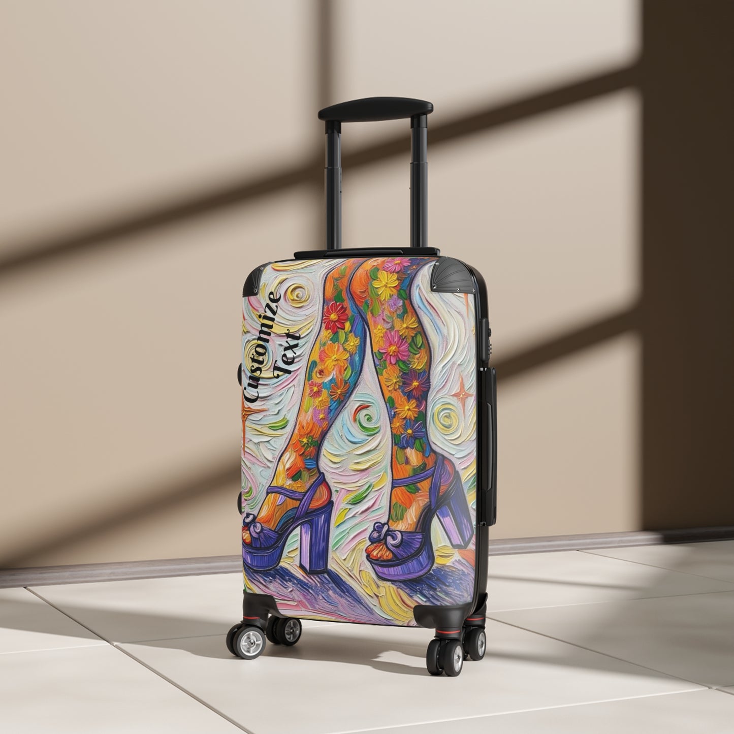 Luggage - Suitcases - Carry-on - Purple Platform Shoes Flowered Legs - Painterly Style Artistic Rolling Suitcase - 'Saturday Sparkle'