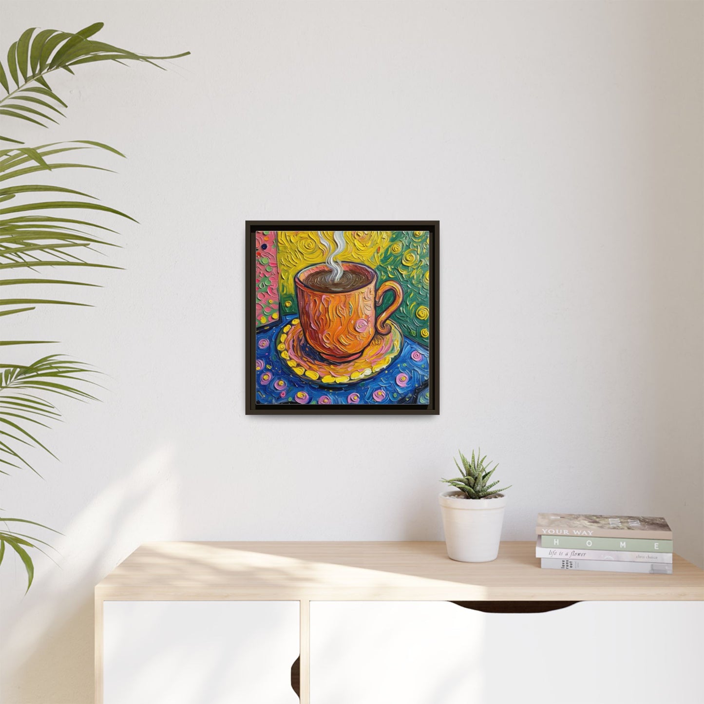 Framed Matte Canvas Art - Colorful Whimsical Coffee Cup Painting