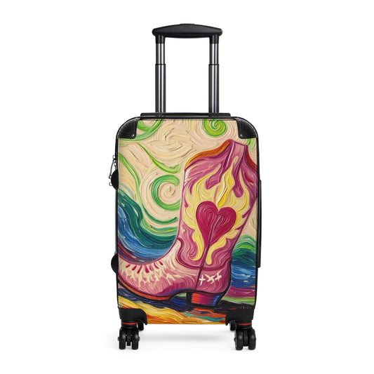 Luggage - Suitcases - Carry-on - Pink Heart Cowgirl Boot Painterly Style Artistic Rolling Suitcase - 'Kick'n up Dust'