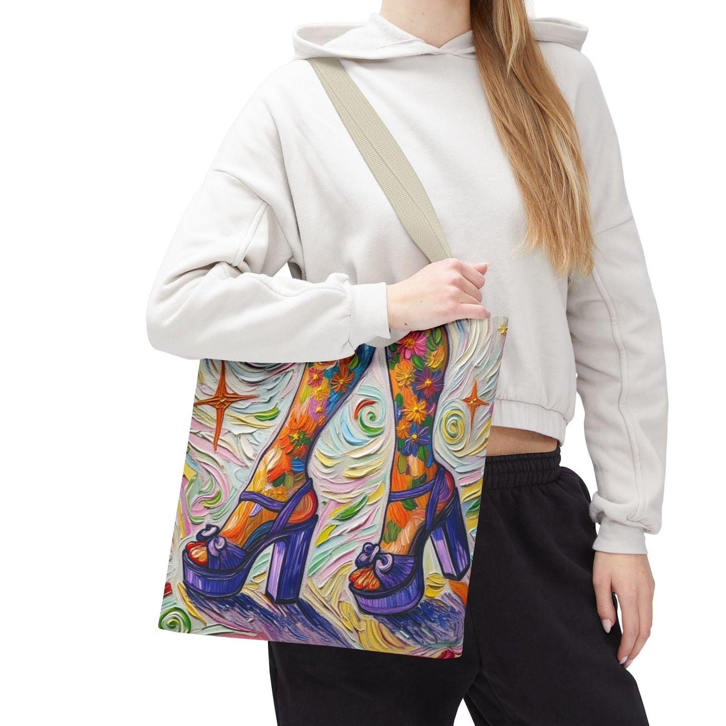 Tote Bag - All-Over Print - Flowered Legs with Purple Platform Shoes - Colorful Artistic Painterly Style - 'Saturday Sparkle'