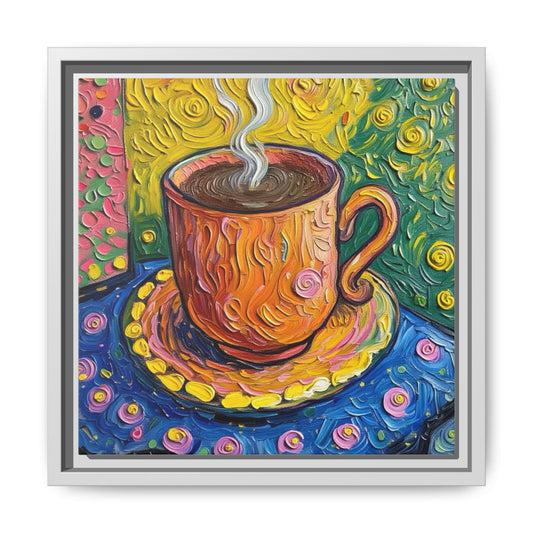 Framed Matte Canvas Art - Colorful Whimsical Coffee Cup Painting