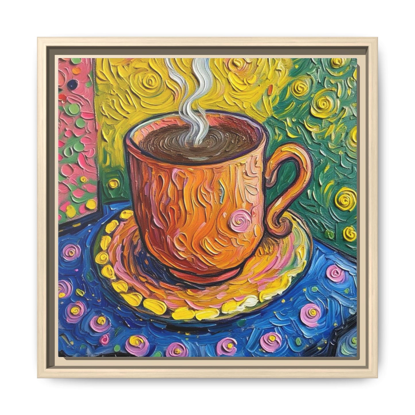 Framed Matte Canvas Art - Colorful Whimsical Coffee Cup Painting
