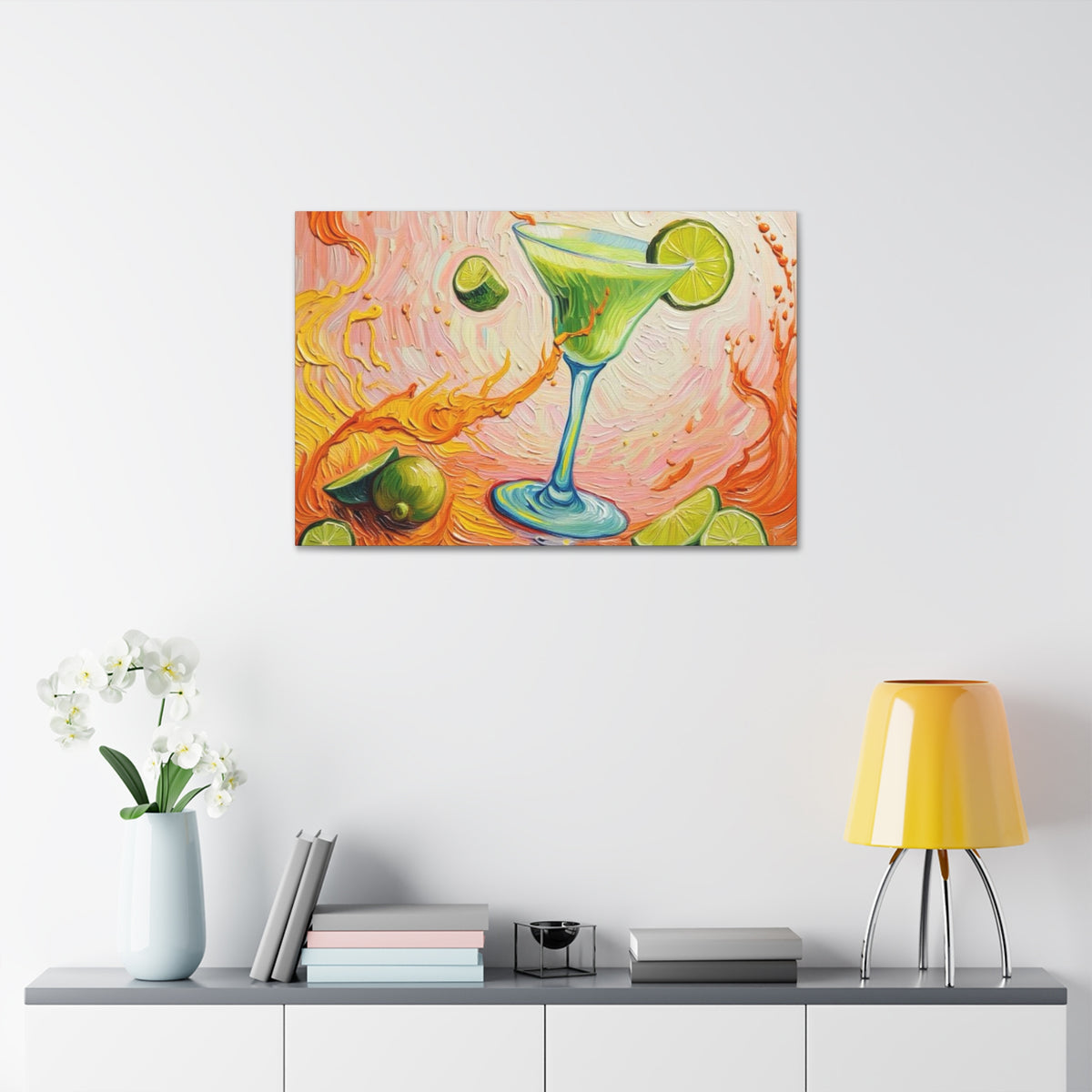Canvas Wall Art - Green Refreshing Citrus Drink -Splashes of Orange - Artistic Painterly Style - Impasto Design Print - 'Citrus Splash'