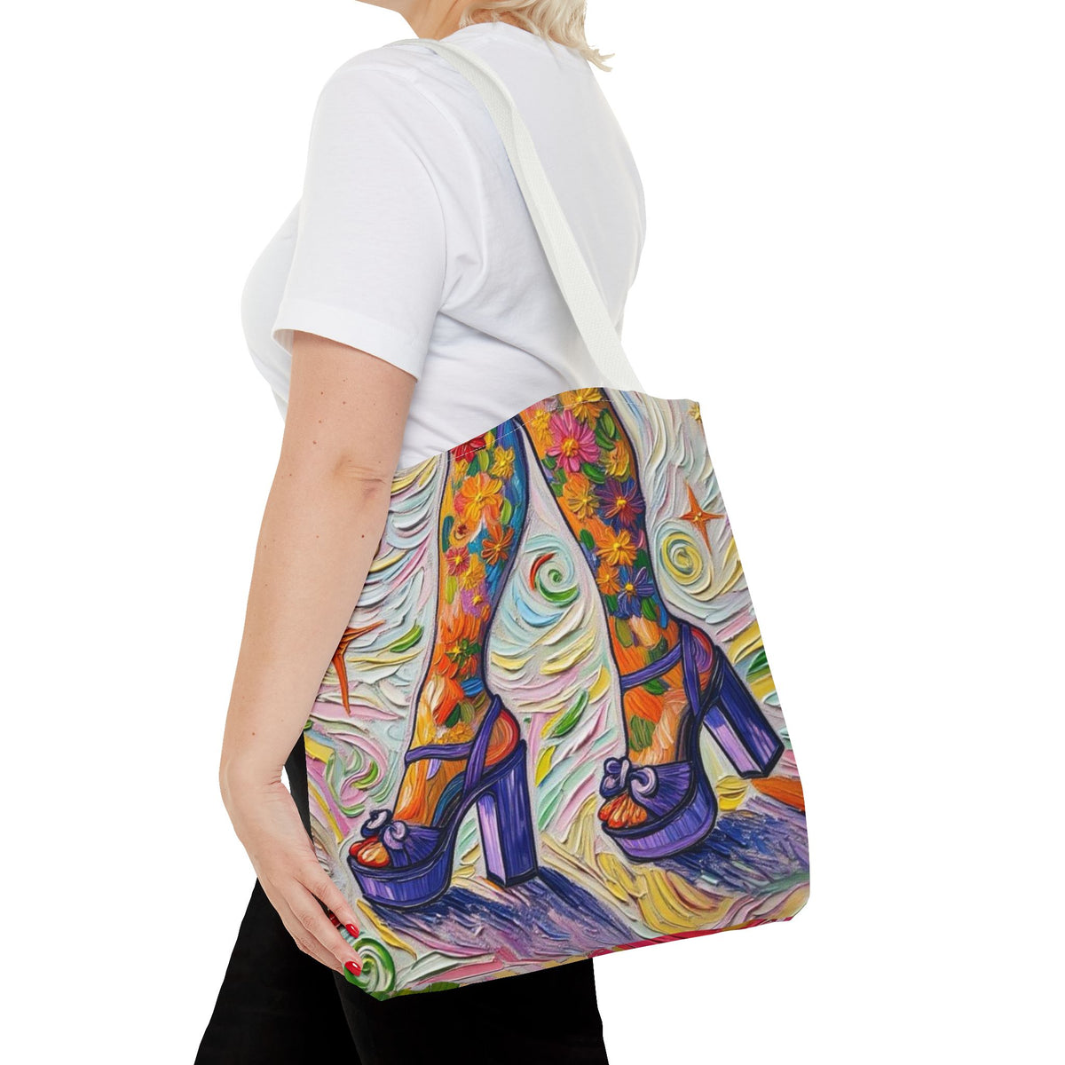 Tote Bag - All-Over Print - Flowered Legs with Purple Platform Shoes - Colorful Artistic Painterly Style - 'Saturday Sparkle'