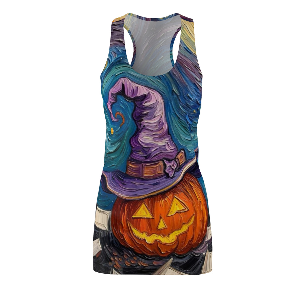 Halloween Pumpkin Witch Hat Racerback Dress — "Happy Halloween" on backside