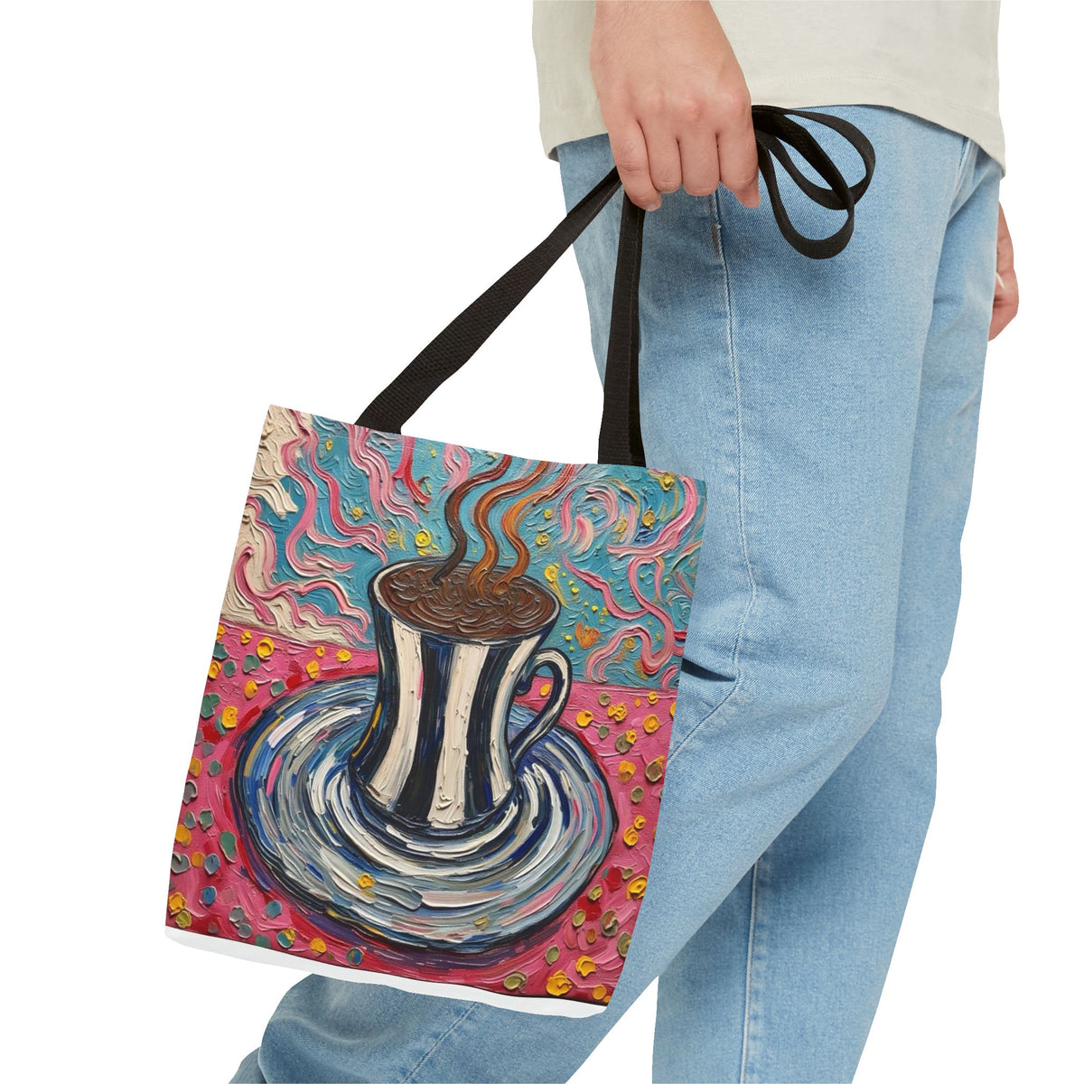 Tote Bag - Colorful Striped Coffee Cup - Painterly Style Design  - 'Mocha Dreams'
