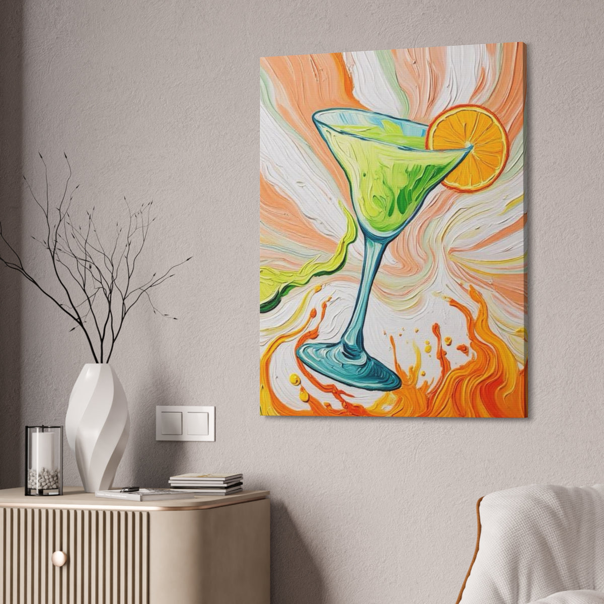 Canvas Wall Art - Orange and Green Refreshing Citrus Cocktail-Splashes of Color - Artistic Painterly Style - Impasto Design Print - 'Lime Light'