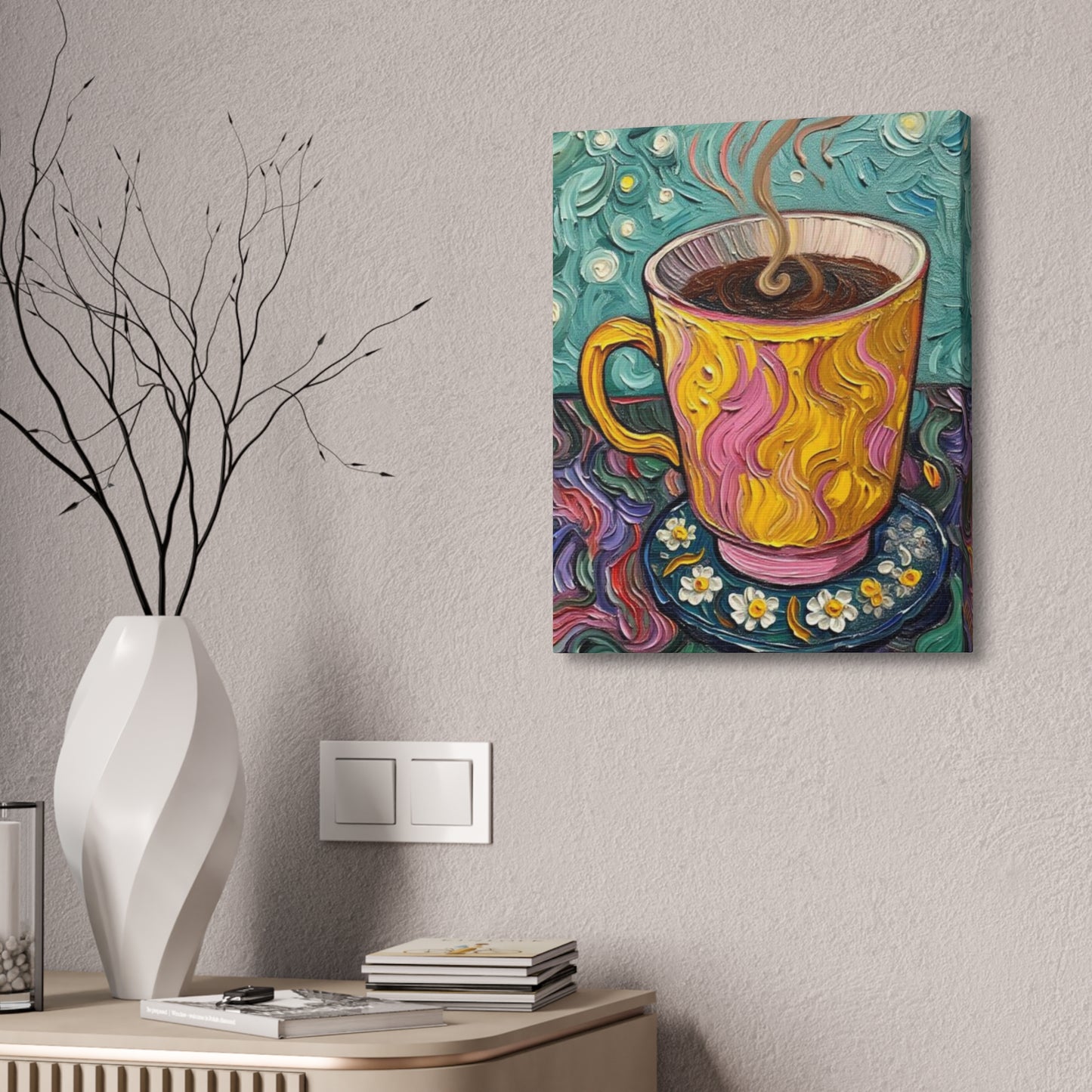 Coffee Cup Canvas Wall Art – Colorful Textured Painting of Steaming Mug