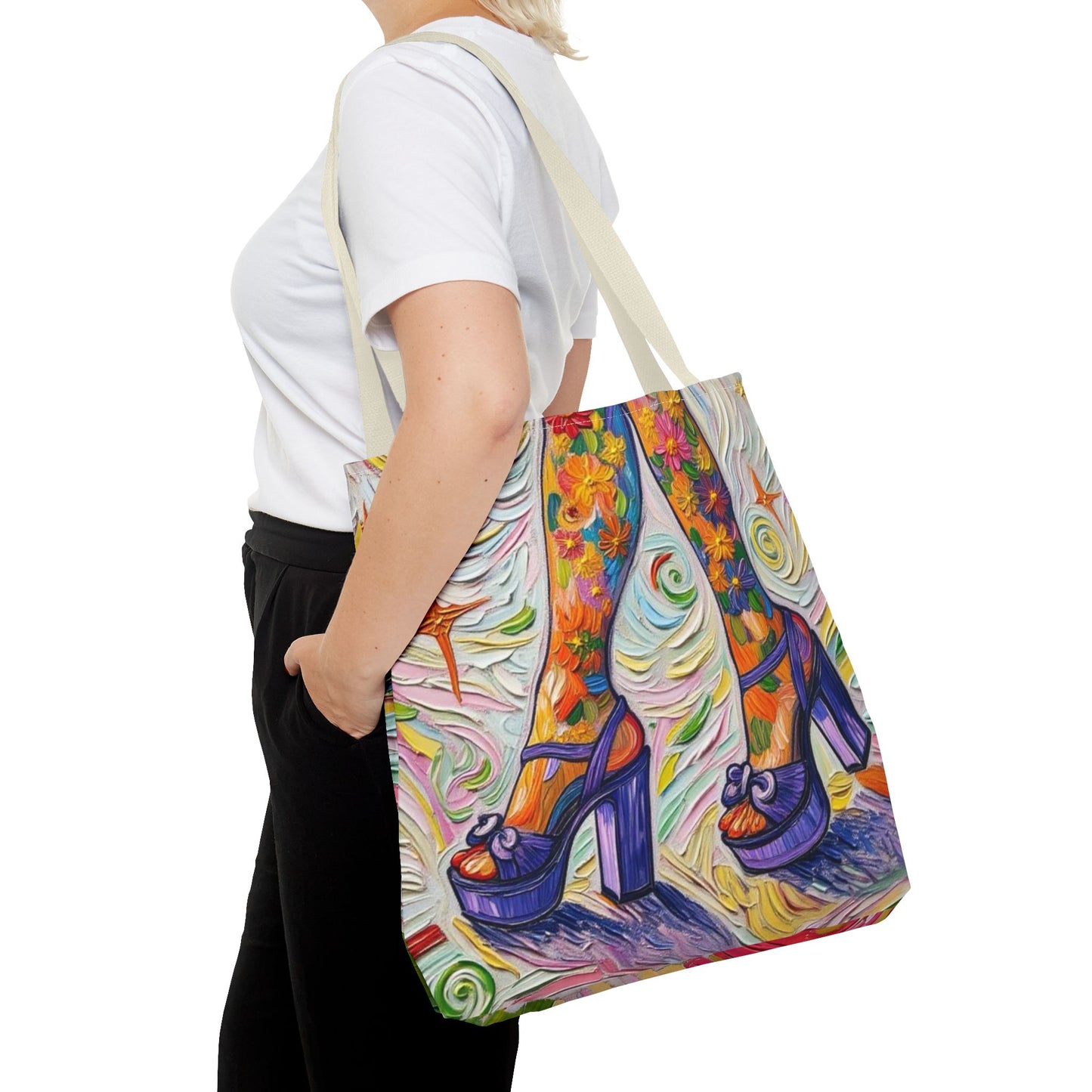 Tote Bag - All-Over Print - Flowered Legs with Purple Platform Shoes - Colorful Artistic Painterly Style - 'Saturday Sparkle'