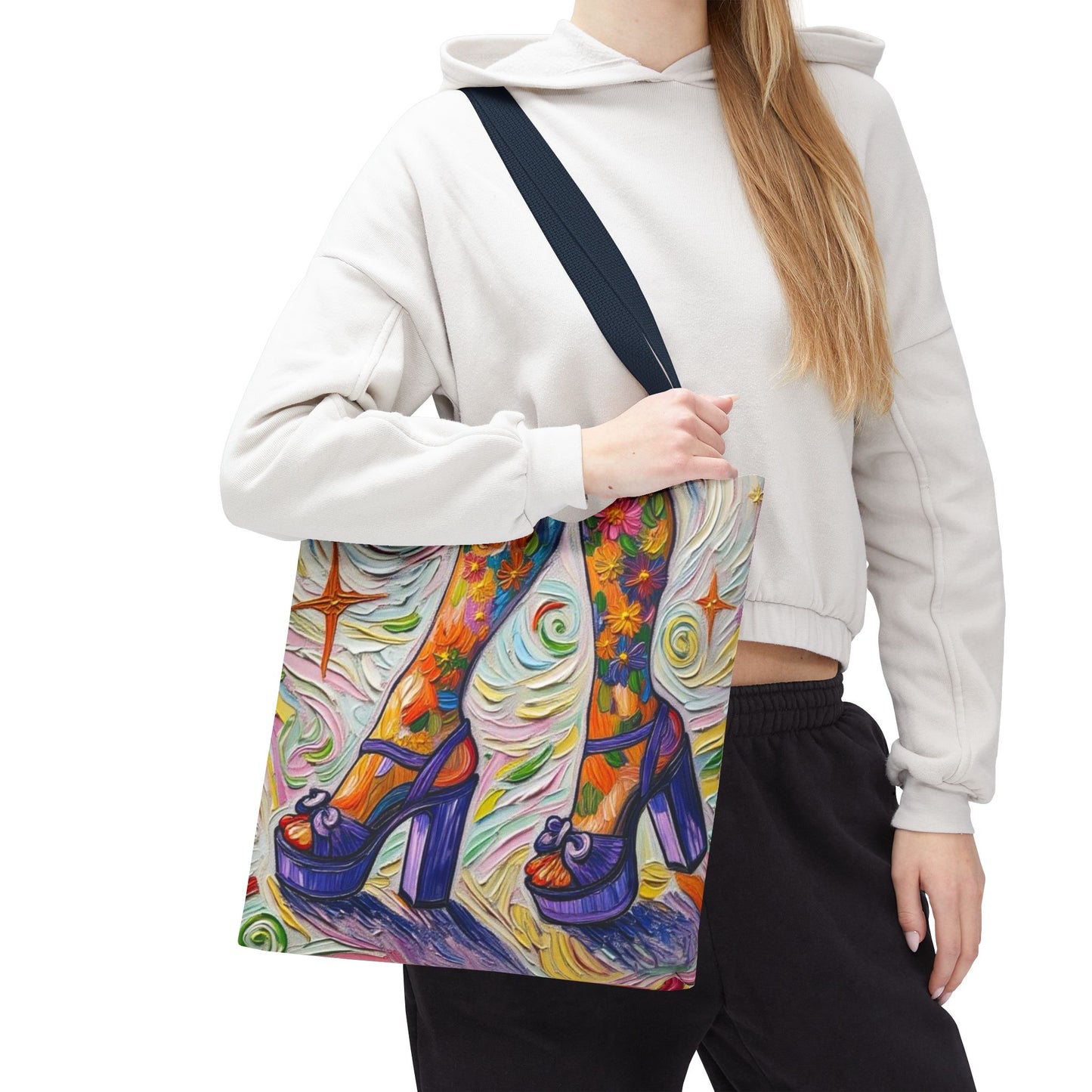 Tote Bag - All-Over Print - Flowered Legs with Purple Platform Shoes - Colorful Artistic Painterly Style - 'Saturday Sparkle'