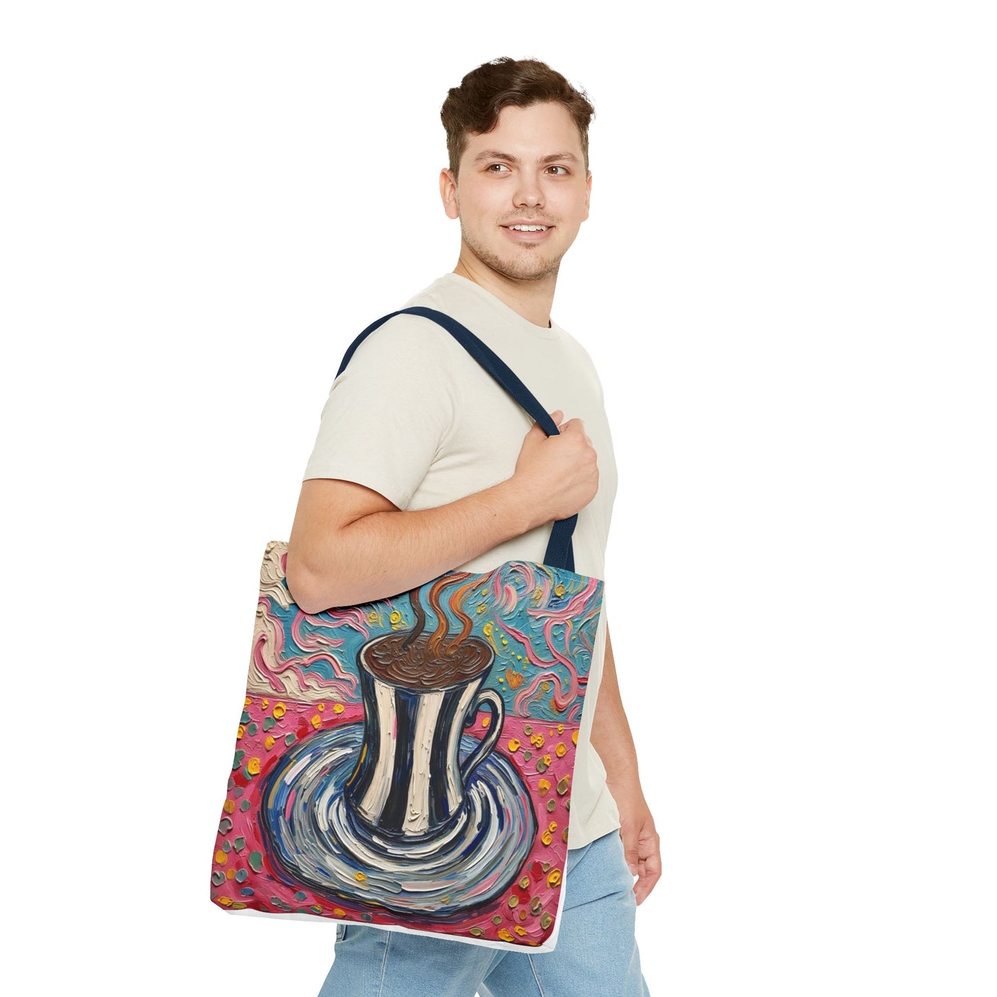 Tote Bag - Colorful Striped Coffee Cup - Painterly Style Design  - 'Mocha Dreams'