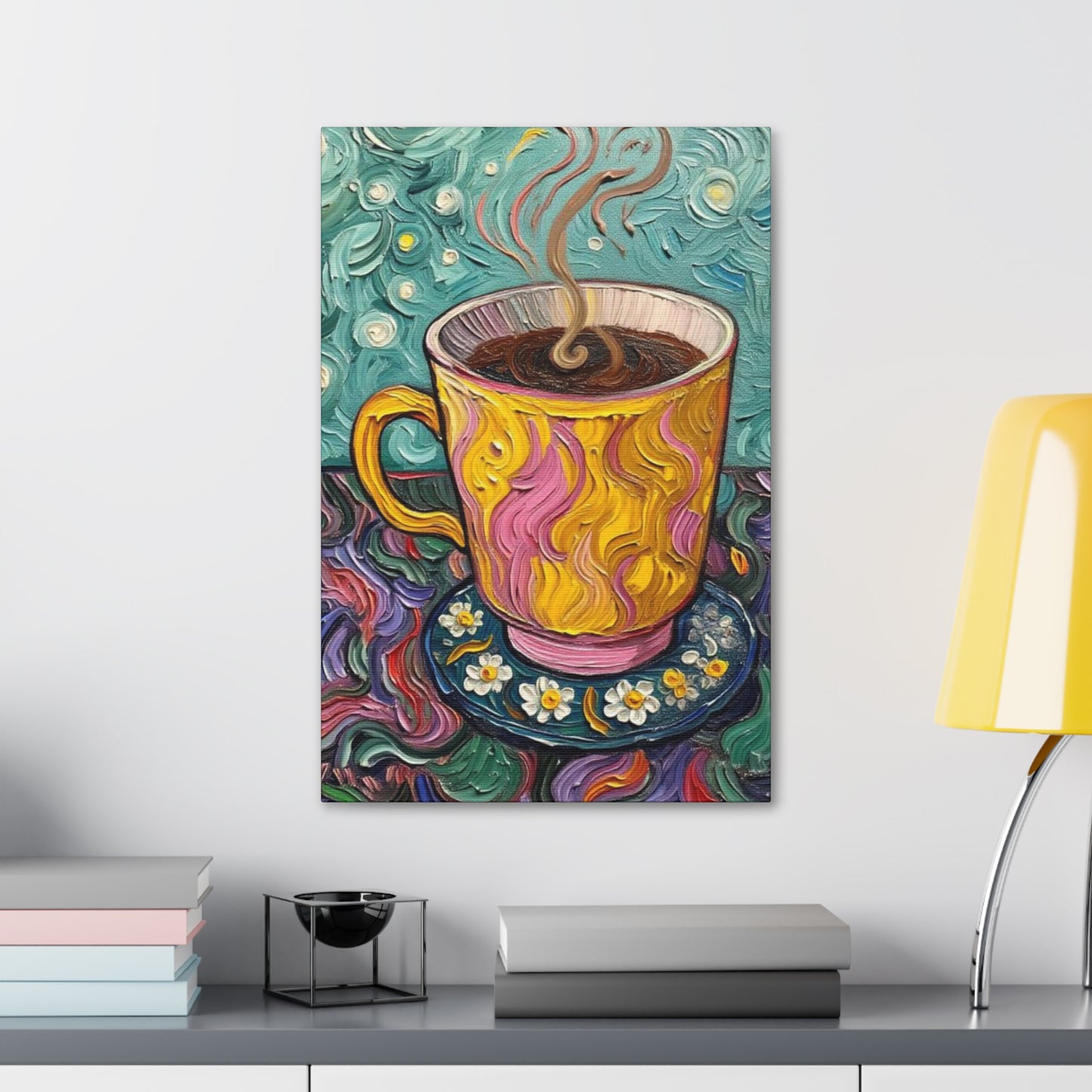 Coffee Cup Canvas Wall Art – Colorful Textured Painting of Steaming Mug
