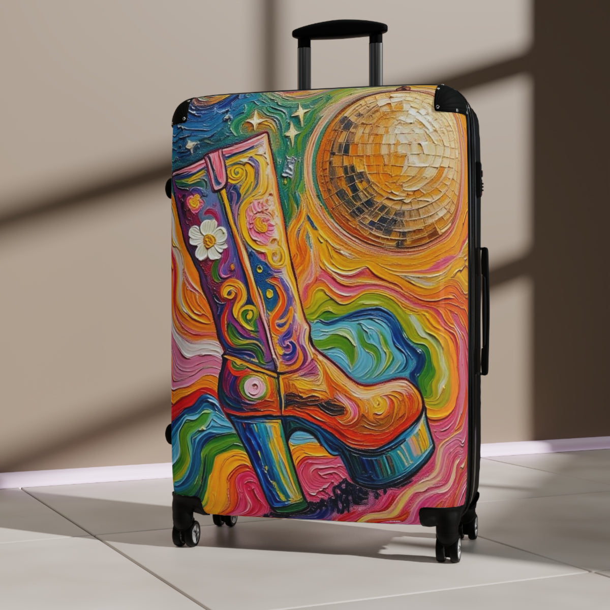 Luggage - Suitcases - Carry-on - Psychedelic Disco Platform Boot - Painterly Style Artistic Rolling Suitcase - 'Golden Groove''