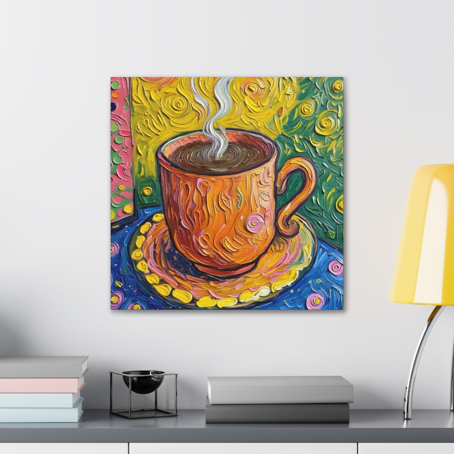Colorful Coffee Cup Canvas Wall Art – Vibrant Textured Coffee Painting