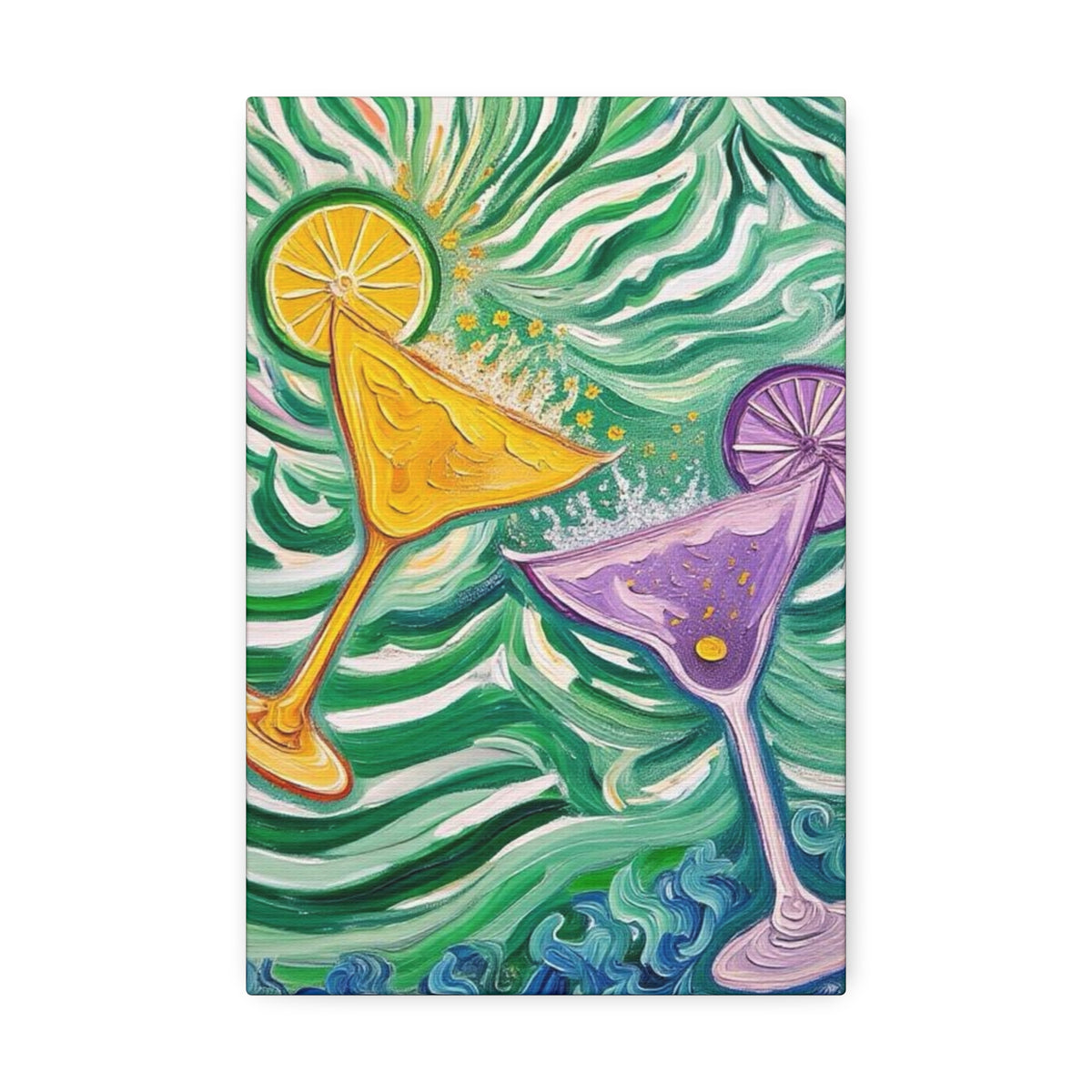 Canvas Wall Art - Yellow and Purple floating Cocktails - Artistic Painterly Style - Impasto Design Print - 'Green Rush'