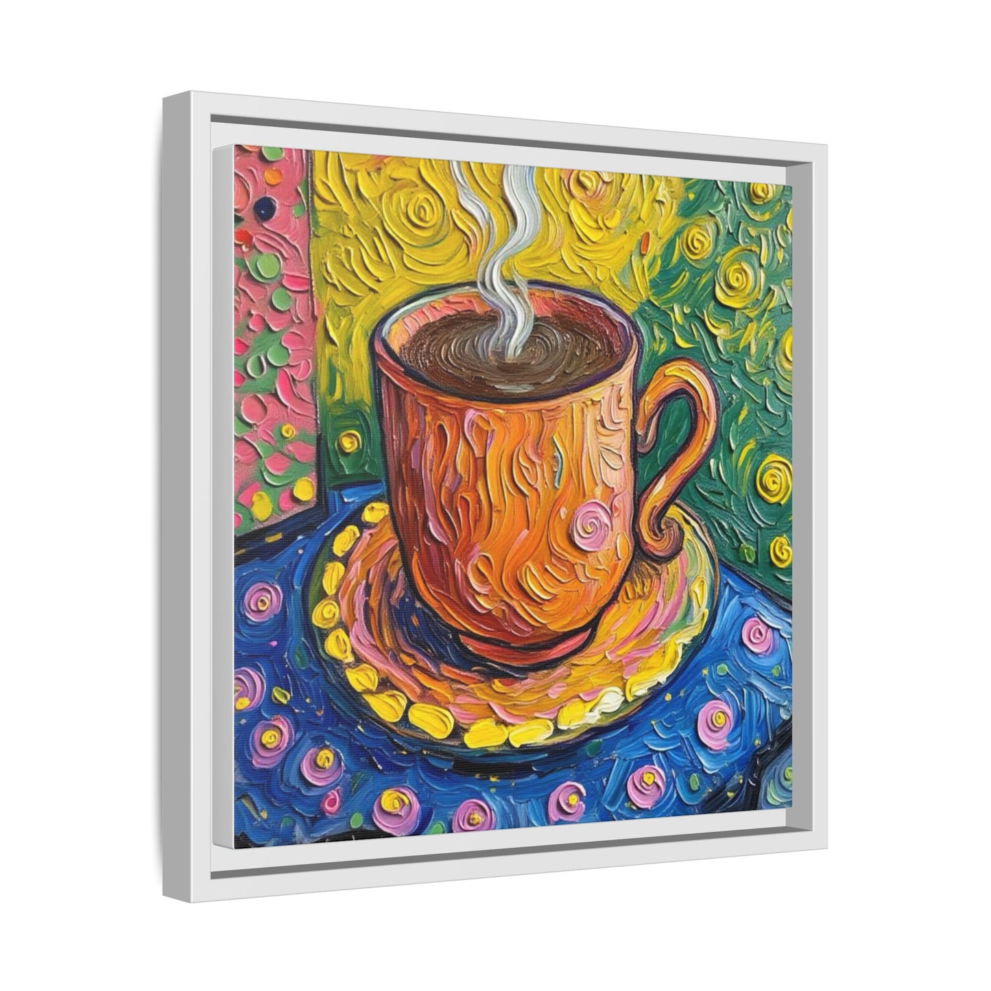 Framed Matte Canvas Art - Colorful Whimsical Coffee Cup Painting