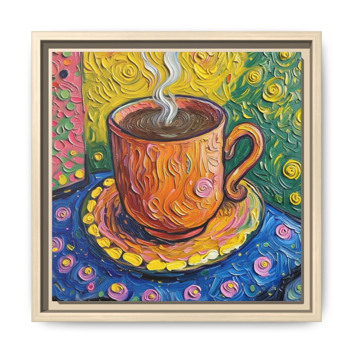 Framed Matte Canvas Art - Colorful Whimsical Coffee Cup Painting