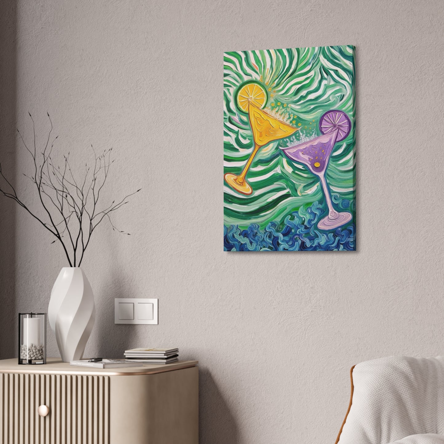 Canvas Wall Art - Yellow and Purple floating Cocktails - Artistic Painterly Style - Impasto Design Print - 'Green Rush'