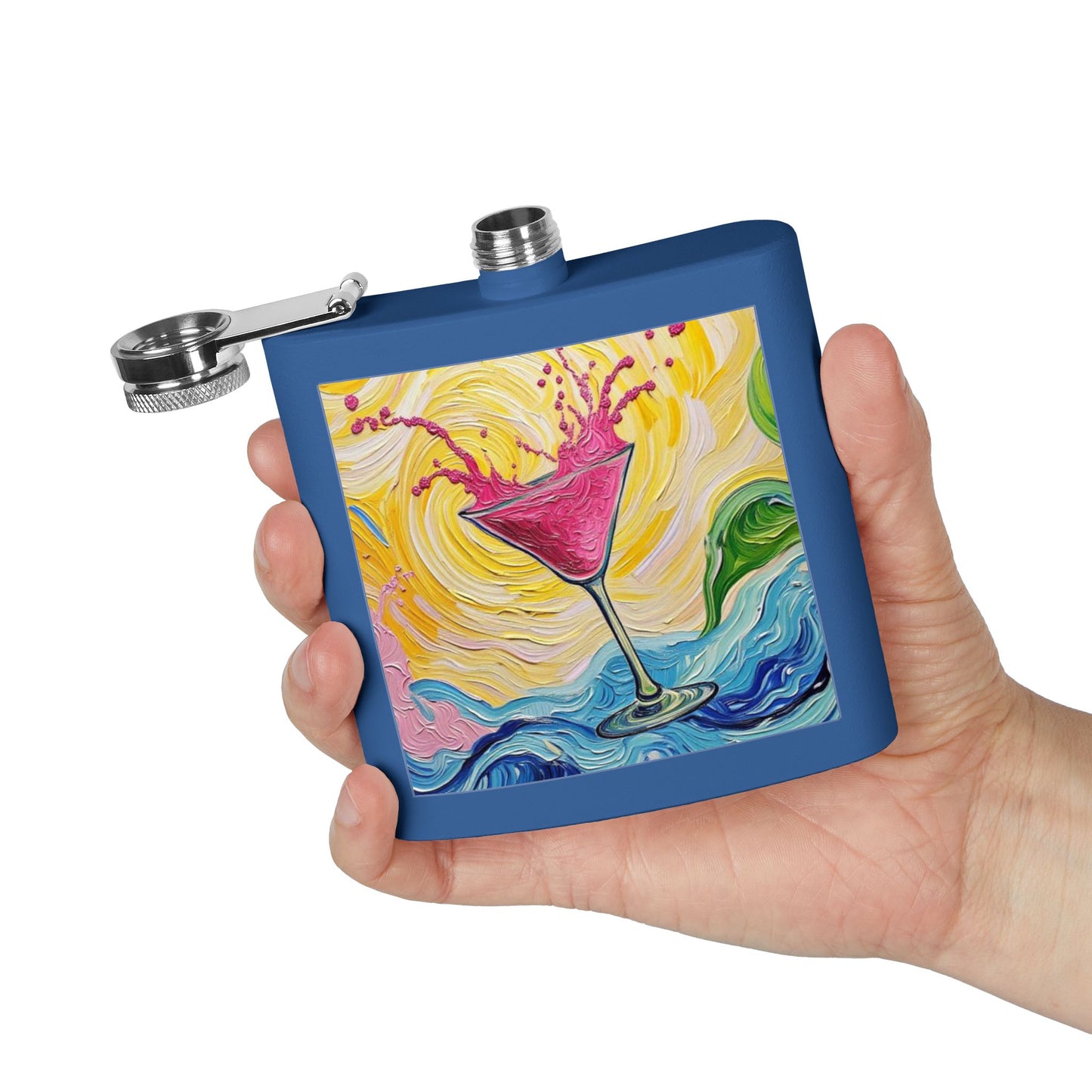 Flask - Stainless Steel 6oz  - Colorful Hot Pink Martini Splash Whimsical Artwork - 'Sway & Sip'