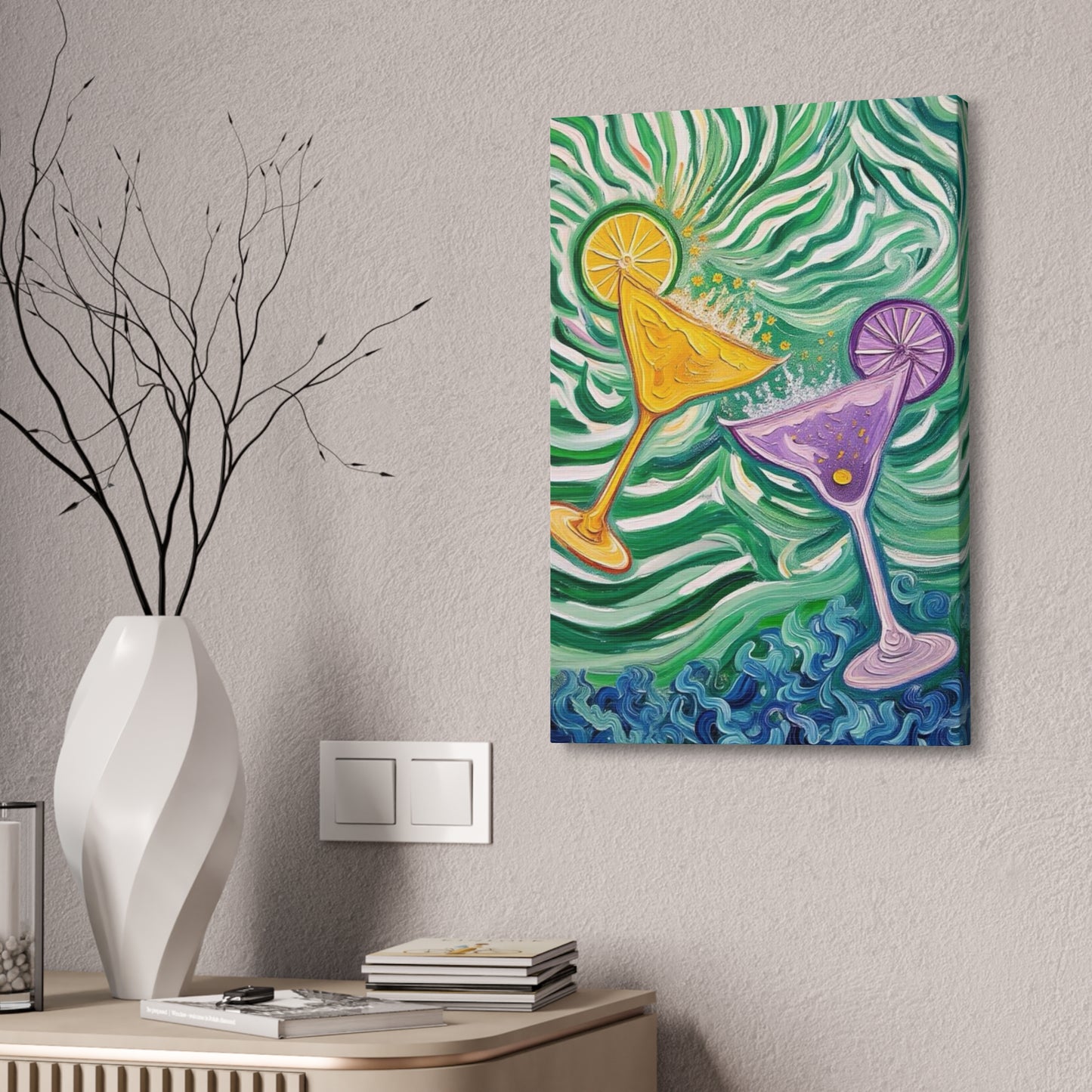 Canvas Wall Art - Yellow and Purple floating Cocktails - Artistic Painterly Style - Impasto Design Print - 'Green Rush'