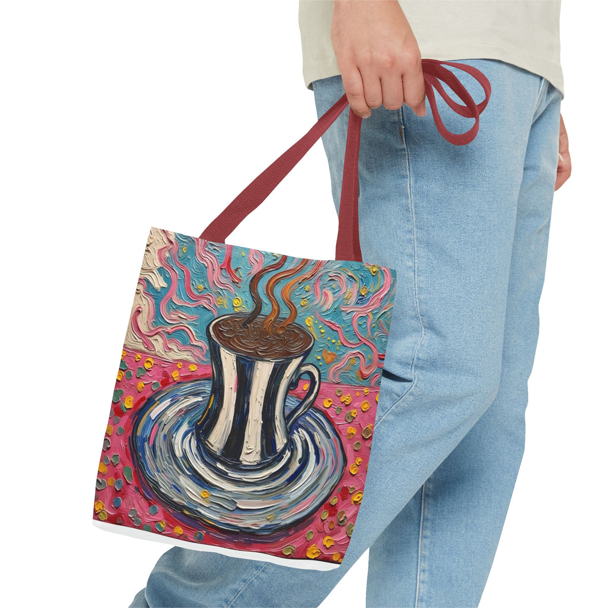 Tote Bag - Colorful Striped Coffee Cup - Painterly Style Design  - 'Mocha Dreams'
