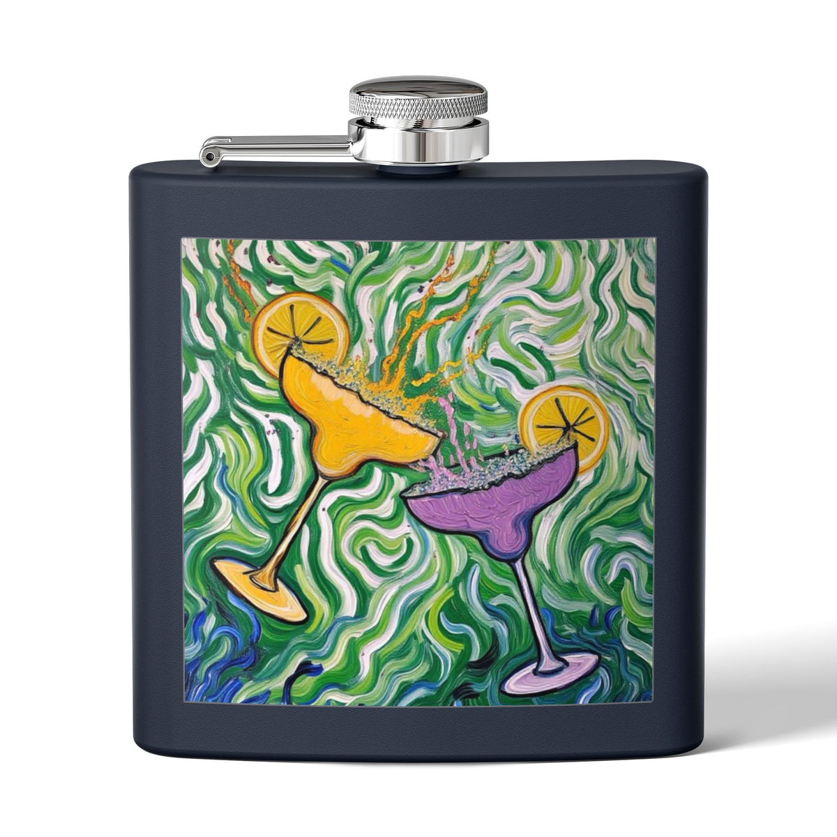 Flask - Stainless Steel 6oz - Colorful Cocktail Splash - Whimsical Artwork - 'Cheers to the Good Life'