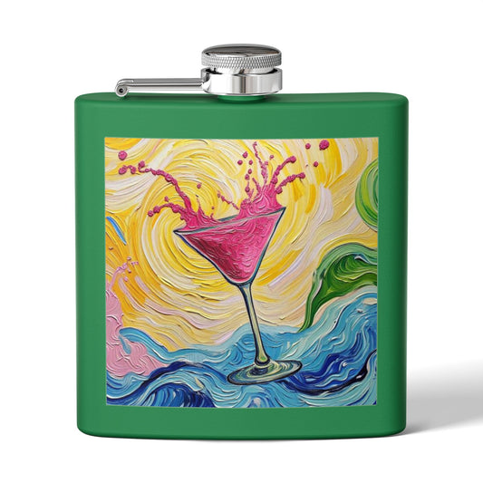 Flask - Stainless Steel 6oz  - Colorful Hot Pink Martini Splash Whimsical Artwork - 'Sway & Sip'