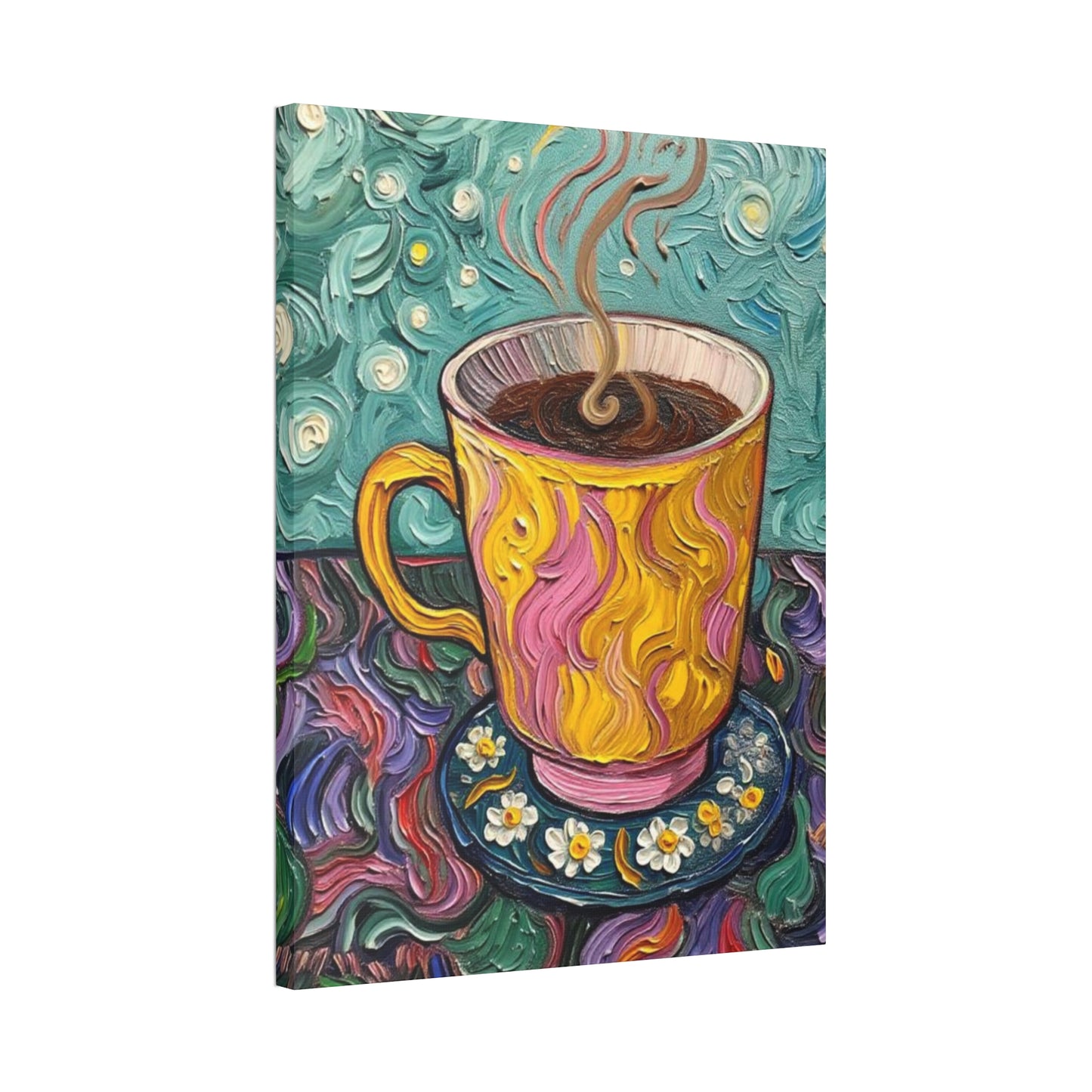 Coffee Cup Canvas Wall Art – Colorful Textured Painting of Steaming Mug