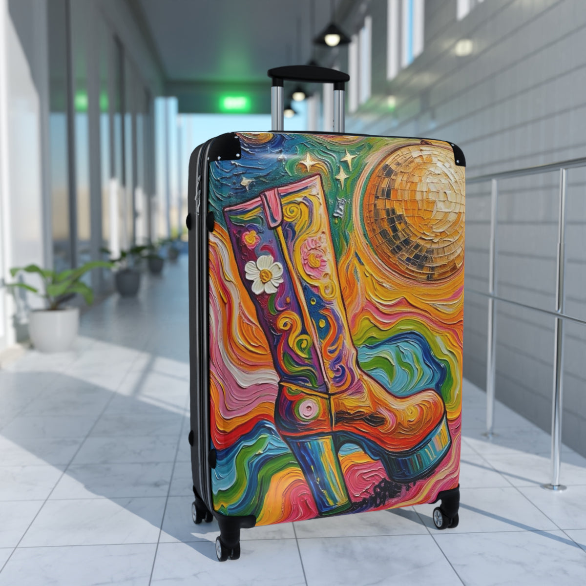 Luggage - Suitcases - Carry-on - Psychedelic Disco Platform Boot - Painterly Style Artistic Rolling Suitcase - 'Golden Groove''