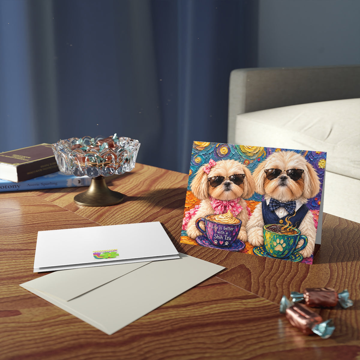 Greeting Card - Colorful Shih Tzu Tea Party (Blank Note Cards, 8/16/24 Pack)