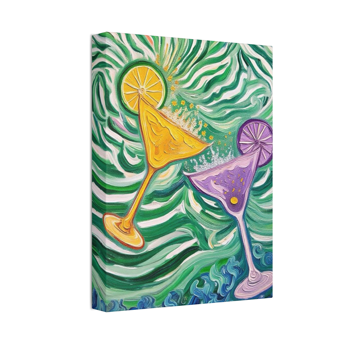 Canvas Wall Art - Yellow and Purple floating Cocktails - Artistic Painterly Style - Impasto Design Print - 'Green Rush'