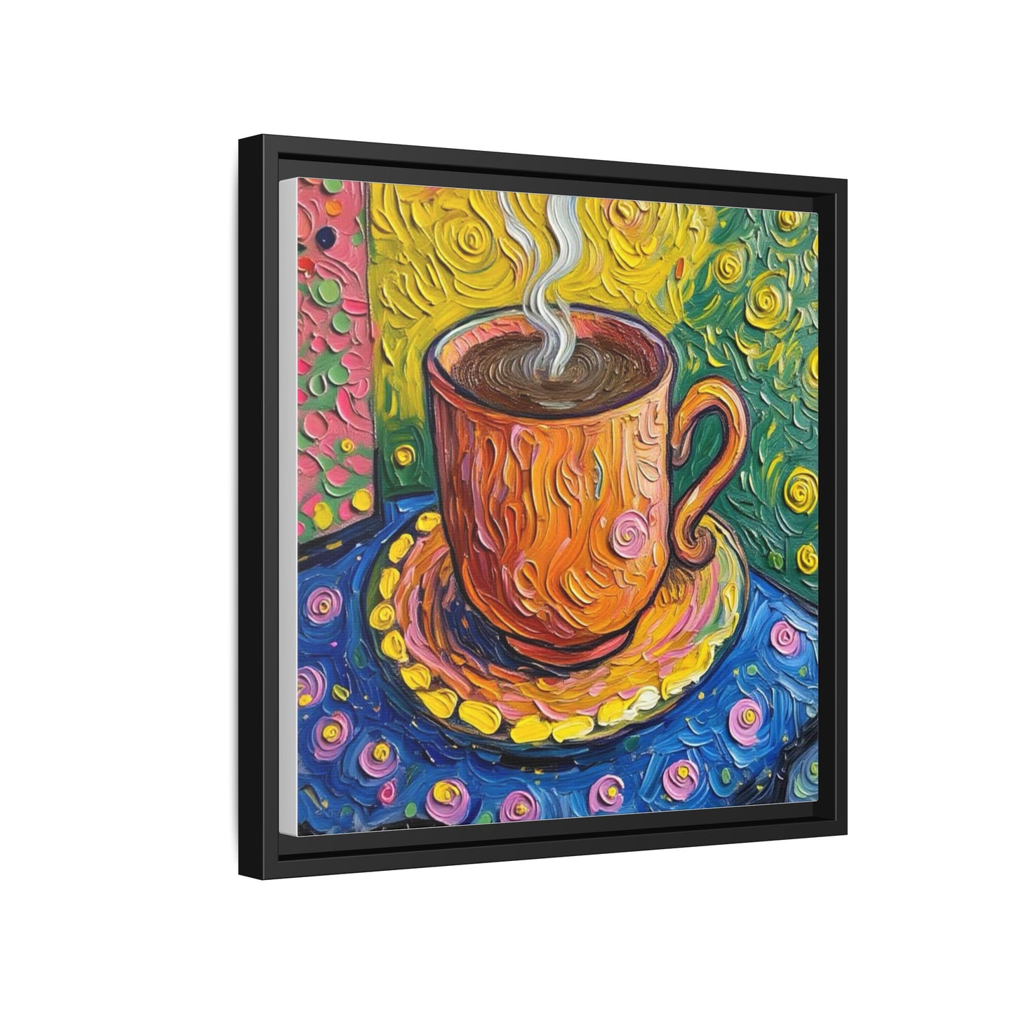 Framed Matte Canvas Art - Colorful Whimsical Coffee Cup Painting
