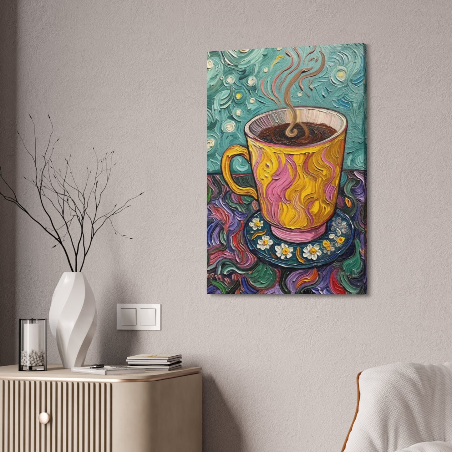 Coffee Cup Canvas Wall Art – Colorful Textured Painting of Steaming Mug